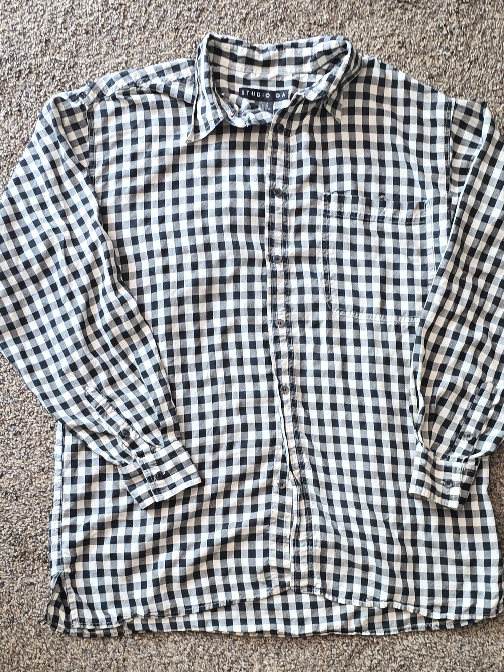 Studio GA Black & White Checkered Button-Down Shirt 100% Silk